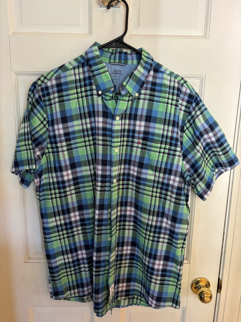 Izod Blue & Green Plaid Short-Sleeve Button-Down Shirt